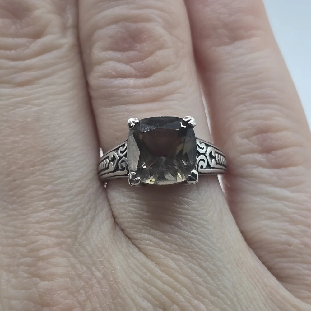 Vintage Smokey Topaz 10 mm square 925 Sterling Silver Solitaire Band Ring size 7